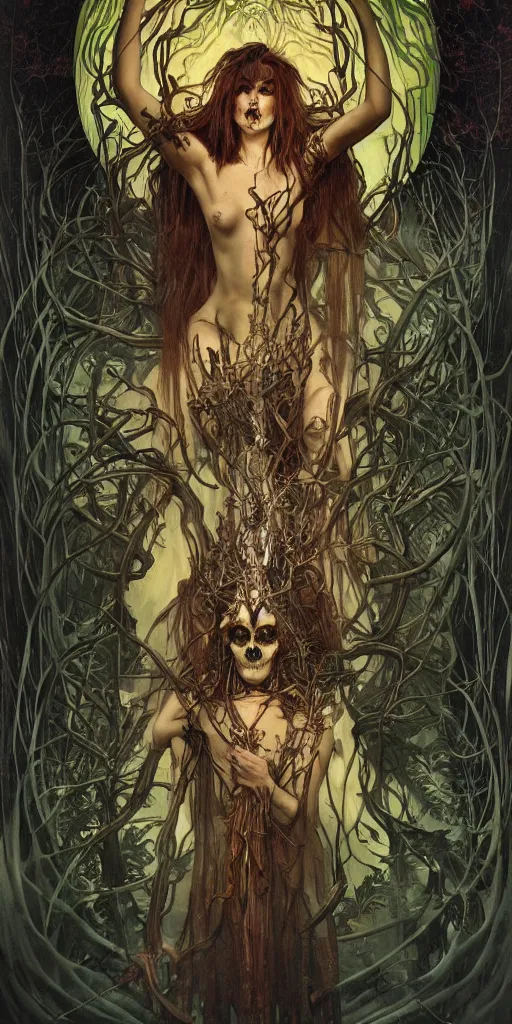 Image similar to intense glowing black metal pagan god with spider eyes and a skull in very dark forest by karol bak and josan gonzales and moebius and alphonse mucha, portrait, studio muti, malika favre, rhads, makoto