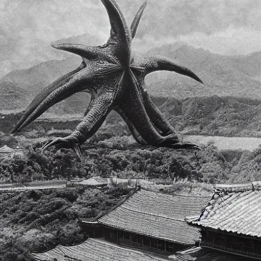 Image similar to a giant Kaiju Starfish Monster over a traditional Korean village, minimal cinematography by Akira Kurosawa, hyperrealistic movie filmstill, film noir, thriller by Fritz Lang