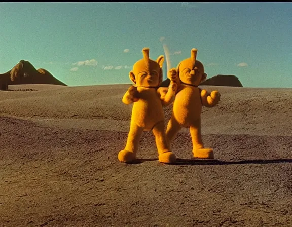 Image similar to teletubbies in mad max, film still, screenshot, desert, cinematic