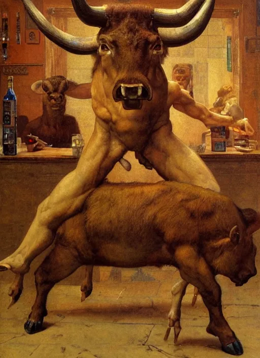 Image similar to upper body portrait of a minotaur in a pub, by lawrence alma-tadema and zdzislaw beksinski and norman rockwell and jack kirby, artstation creature art