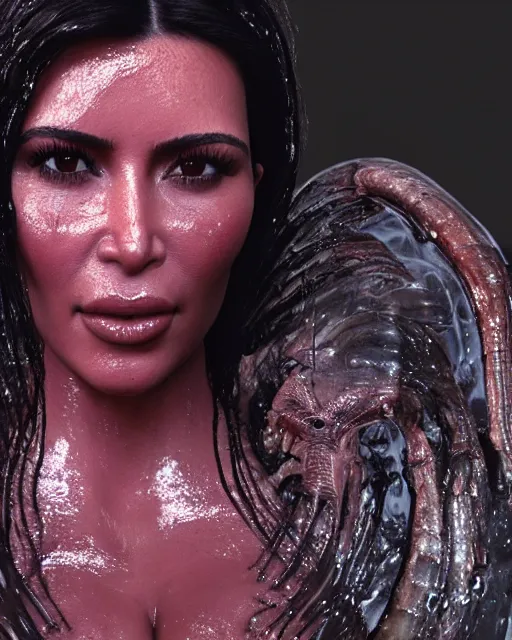 Image similar to film still of kim kardashian being kissed by an xenomorph slathered in a transparent alien liquid, wet flowing hair, gooey skin, illustration, unreal engine 5, 8 k, directed by h. r. giger.