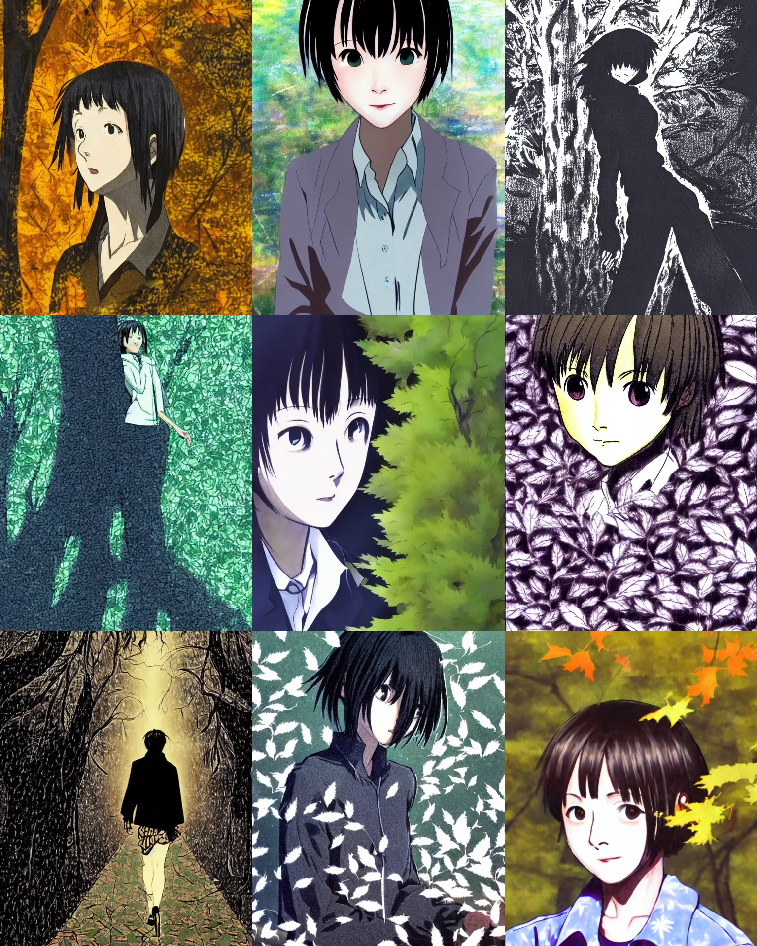 Prompt: lain iwakura drawn in smears on a phone screen illuminated by sunlight shining through tree leaves