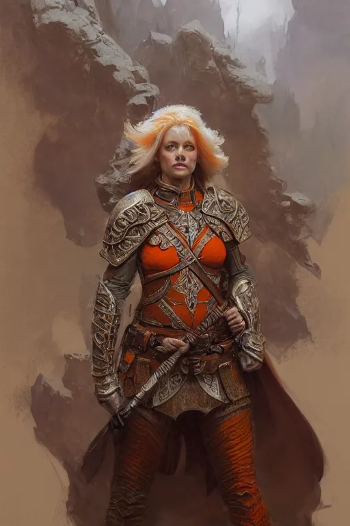 Image similar to full - body portrait of a ranger, female, white and orange breastplate, magical, high fantasy, d & d, by donato giancola, craig mullins, jeremy mann, face details, extremely detailed, digital illustration