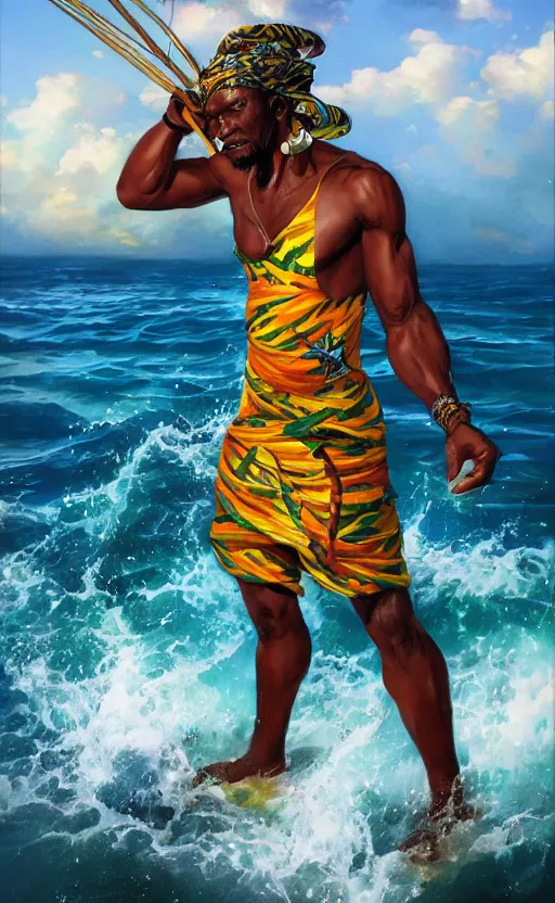 Image similar to Jamaican fisherman wearing calico cloth and posing in a battle stance in the Jamaican sea, style by Ross Tran and Artgerm and Peter Mohrbacher