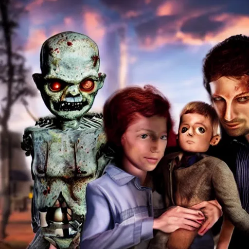 Prompt: a handsome young family with a zombifying robotic young boy, scene from a future world where nanotechnology is ubiquitous