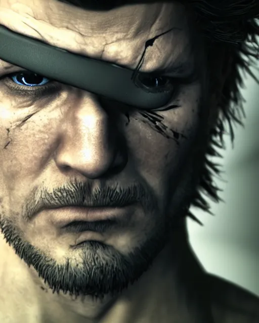 Image similar to solid snake portrait, cinematic lighting, anguished depressed facial expression, black atmospheric background, 4 k photography hdr