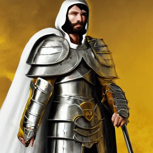 Prompt: man in crusader armor and white cape with yellow kingdom of jerusalem emblem on it drawn by greg rutkowski realistic high detail