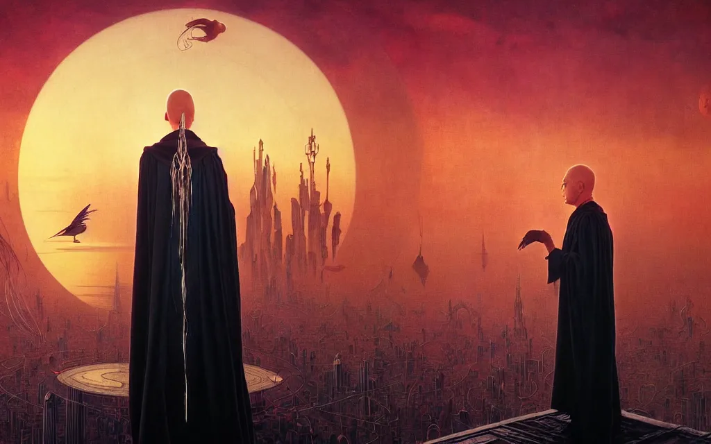 Image similar to realistic detailed portrait movie shot of a birdman wearing dark robes, futuristic city sunset landscape background by denis villeneuve, amano, yves tanguy, alphonse mucha, ernst haeckel, max ernst, roger dean, rich moody colours