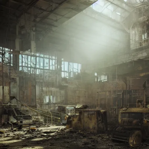 Image similar to fallout 5, indoors dilapidated partially ruined factory interior, rusted machinery, atmospheric lighting, painted, intricate, volumetric lighting, beautiful, daytime, sunny weather, slight overcast, golden hour, sharp focus, deep colours, ultra detailed, by leesha hannigan, ross tran, thierry doizon, kai carpenter, ignacio fernandez rios