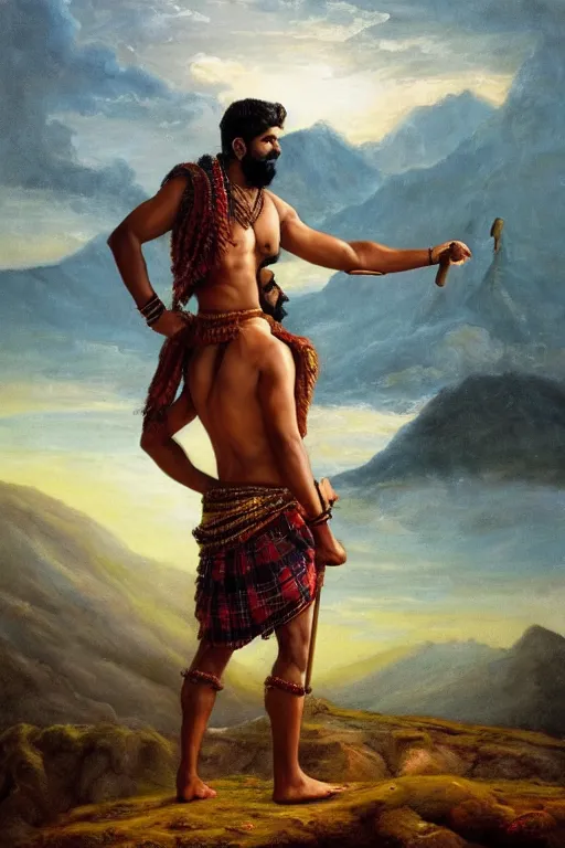 Prompt: a dramatic epic beautiful painting of a shirtless desi man | he has a lot of body hair and very thick legs | he is wearing a plaid kilt and cowboy hat, and holding a walking stick | background is mountains and clouds | dramatic lighting, golden hour, homoerotic | by mark maggiori and walter crane | trending on artstation
