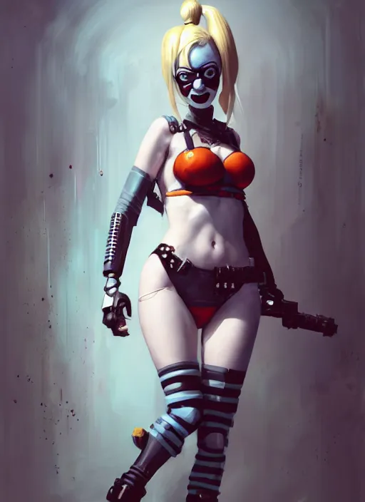 Image similar to portrait of cute harley quinn in cyber bikini armor, warhammer, cyberpunk, by atey ghailan, by greg rutkowski, by greg tocchini, by james gilleard, by joe fenton, by kaethe butcher, by gustav klimt, dynamic lighting, gradient light blue, brown, blonde cream and white color in scheme, grunge aesthetic