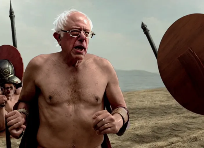 Image similar to film still of bernie sanders as leonidas in 3 0 0 movie, 8 k