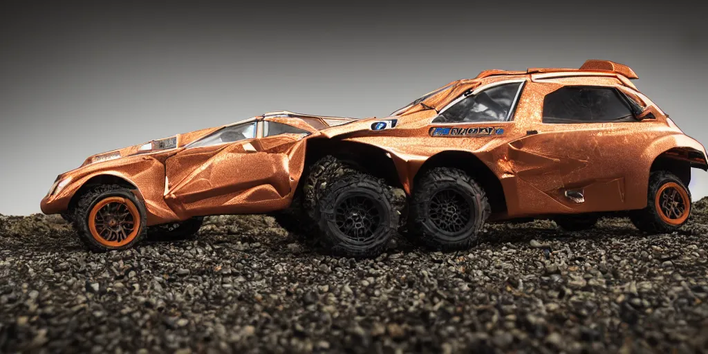 Image similar to offroad rally car copper paint job by sebastian luca and pablo carpio and edgaras cernikas and wang ke and damon greenhalgh, in wide view shot. blank background with some dreamy color lights.