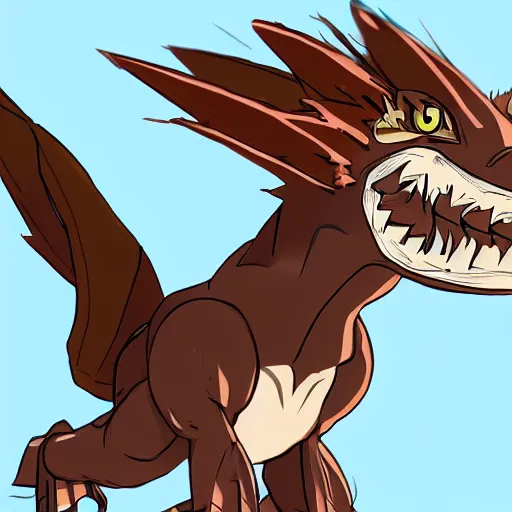 Image similar to medium sized brown feathered wyvern that stands on 2 legs with razor sharp teeth and sharp claws, my hero academia art style