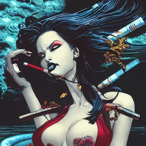 Image similar to closeup of attractive bikini vampire smoking a cigarette, by yoichi hatakenaka, masamune shirow, josan gonzales and dan mumford, ayami kojima, takato yamamoto, barclay shaw, karol bak