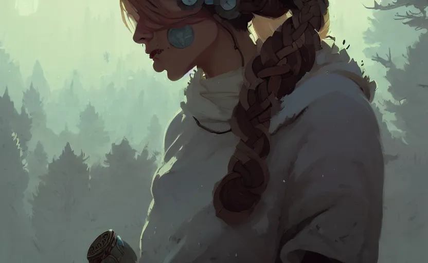 Image similar to female celtic druid by atey ghailan, by greg rutkowski, by simon stalenhag, by greg tocchini, by james gilleard, by joe fenton, by kaethe butcher dynamic lighting, gradient light blue, brown, blonde cream and white color scheme, grunge aesthetic