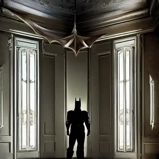 Image similar to Batman standing in giant Italian modern castle living room, clean minimalist design, that is 1300 feet tall, with very tall giant walls filled with modern art paintings, doors that are cosmic portals, photo by Annie Leibovitz