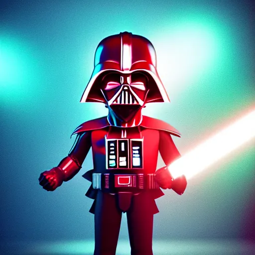 Image similar to candypunk darth vader, character design, high quality digital art, render, octane, redshift, volumetric lighting, oled