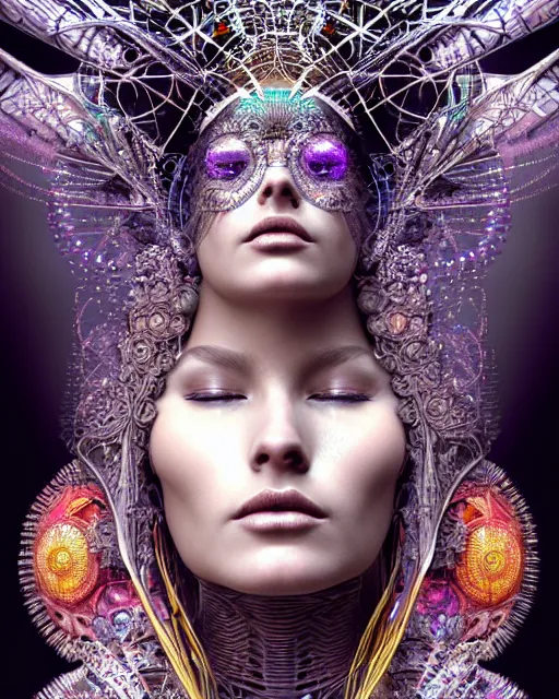 Prompt: hyperrealistic detailed portrait of a beautiful goddess in a cyber headdress, intricate cyberpunk make - up, art by android jones, ernst haeckel, nekro borja, alphonso mucha, h. r. giger, ornamental gothic - cyberpunk,