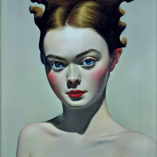 Prompt: A surrealist masterpiece head and shoulders portrait of Elle Fanning, by Dali. 8K. Extremely detailed.