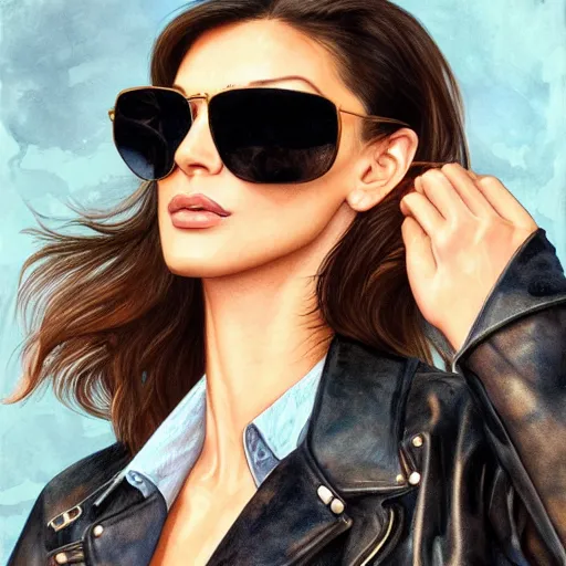 Prompt: Portrait of a Brazilian Supermodel wearing sunglasses and a leather jacket, Watercolor, photorealistic, high resolution, award winning, trending on artstation, olive skin, long dark hair, beautiful bone structure, intricate, elegant, highly detailed, digital painting, artstation, concept art, smooth, sharp focus, illustration, art by artgerm and greg rutkowski and alphonse mucha