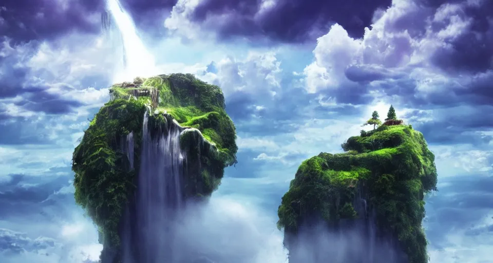 Prompt: A magnificent floating island in the sky above the sea, defying gravity, waterfall falling down, epic lighting, epic composition, cinematic, highly detailed, 4k