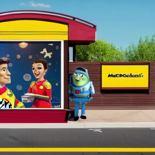 Prompt: commercial ad photo of a mcdonald's drive through in the moon starring lightyear steampunk style