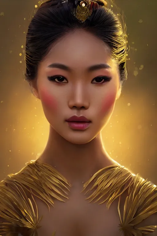 Image similar to stunningly beautiful, filipina geisha prima ballerina in jungle, symmetrical face, golden hour, smooth, focus, highly detailed, hyper realistic, dramatic lighting, elegant, intricate, concept art, art by wlop, mars ravelo, greg rutowski, artstation