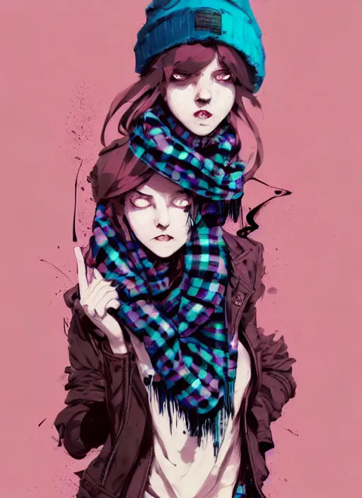 Prompt: highly detailed portrait of a sewer ( ( emo punk ) ) lady student, beanie, blue eyes, tartan scarf, curly hair by atey ghailan, by greg rutkowski, by greg tocchini, by james gilleard, by joe fenton, by kaethe butcher, gradient pink, black, brown and cream color scheme, grunge aesthetic!!! graffiti tag wall background