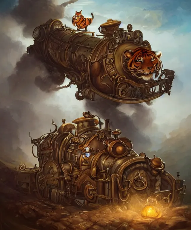 Image similar to a portrait an anthropomorphic steampunk tiger driving a train, landscape in background, cute and adorable, dnd character art portrait, well rendered matte fantasy painting, deviantart artstation, by jason felix by steve argyle by tyler jacobson by peter mohrbacher, cinematic lighting