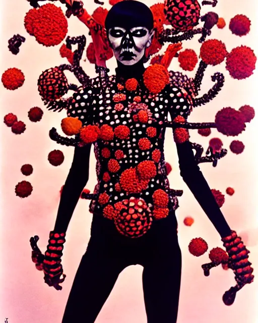 Image similar to portrait of a skinny punk goth yayoi kusama wearing armor by simon bisley, john blance, frank frazetta, fantasy, thief warrior, floral flowers colorful coral porcelain