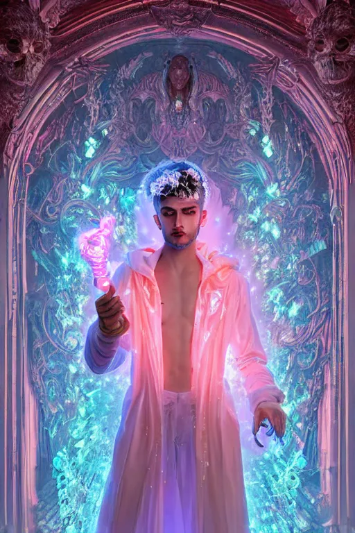 Image similar to full-body rococo and cyberpunk delicate neon crystalline sculpture of ((handsome muscular onyx albino prince Zayn Malik)) as an blue iridescent humanoid deity wearing ((peach plastic hooded cloak)) (holding a human skull) in a onyx castle dungeon, reclining, glowing pink face, crown of (pink lasers), large blue diamonds, swirling black silk fabric. futuristic elements. oozing glowing liquid, full-length view. space robots. intricate artwork by caravaggio. Trending on artstation, octane render, cinematic lighting from the right, hyper realism, octane render, 8k, depth of field, 3D