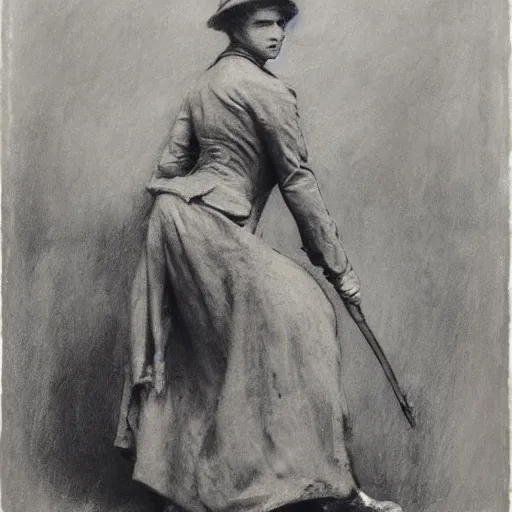 Image similar to ww 1 action heroine by alfred stevens in charcoal