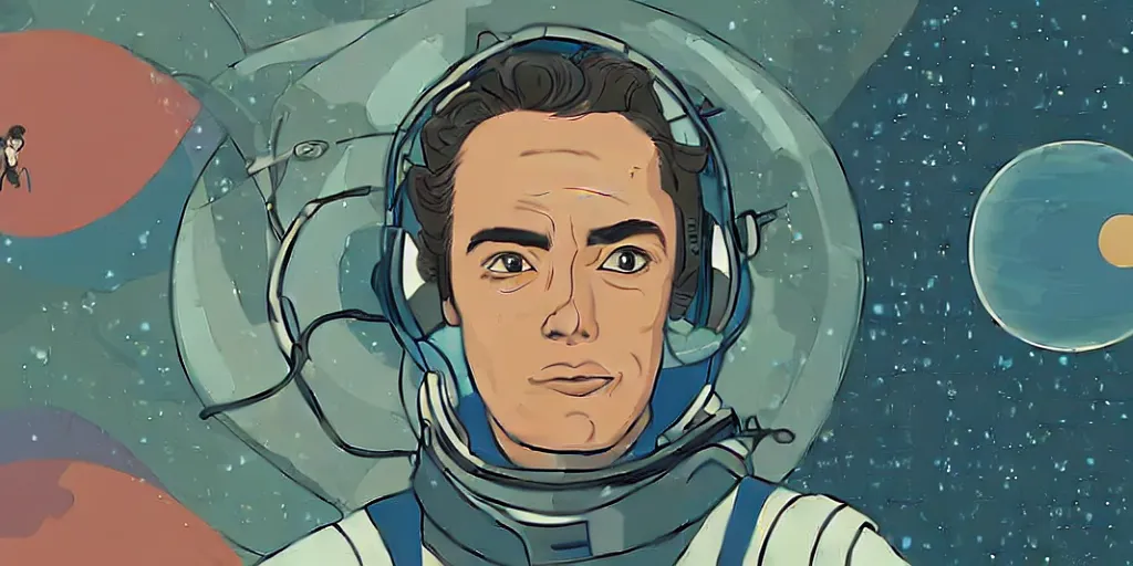 Image similar to a headshot portrait of Alain Delon pilot in spacesuit headphones in pacing on field forrest space station landing laying lake artillery outer worlds shadows in Gandahar FANTASTIC PLANET La planète sauvage animation by René Laloux