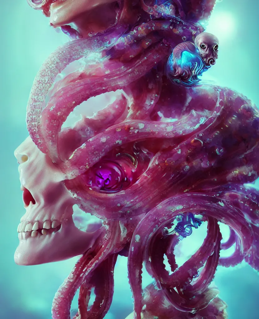 Image similar to goddess close - up portrait human skull, ram skull, squid phoenix jellyfish, orchid, betta fish, bioluminiscent, intricate artwork by tooth wu and wlop and beeple. octane render, trending on artstation, greg rutkowski very coherent symmetrical artwork. cinematic, hyper realism, high detail, octane render, 8 k