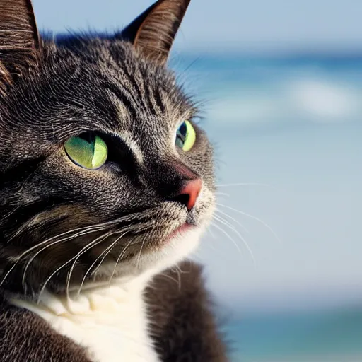 Image similar to an anthropomorphism cat by designed wayne westwood surfing a mega wave, photo taken from the shore, highly detailed photography, 3 0 0 mm, natural light, bokeh effect