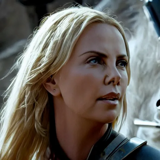 Image similar to Charlize Theron as a Terminator sent back in time to King Arthur's court, knights, beautiful, detailed, epic action, 4k cinematic action, by James Cameron