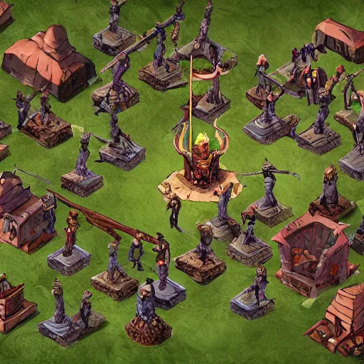 Prompt: Evil mage is standing on top of his tower, raising hands up high and leading his horde of zombies to outer lands. Isometric, high angle, big scale battle map. Highly detailed digital art, unreal engine.