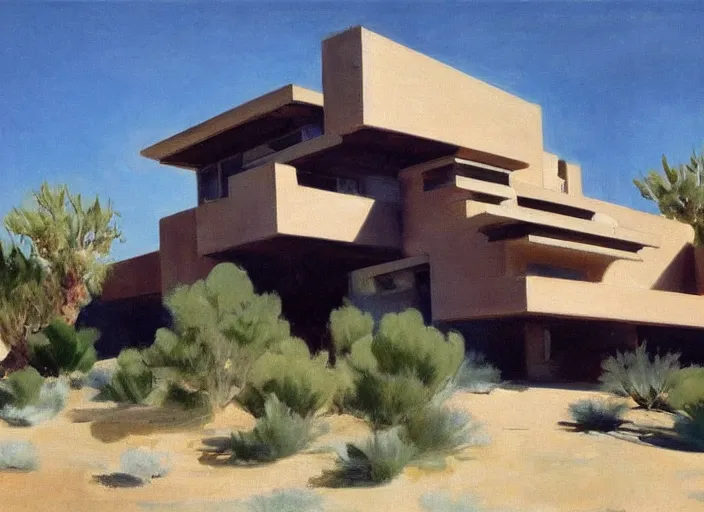 Image similar to painting of a frank lloyd wright house in the california desert by john singer sargent