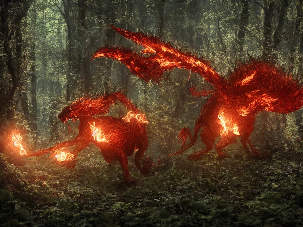 Prompt: And, as in uffish thought he stood, The Jabberwock, with eyes of flame, Came whiffling through the tulgey wood, And burbled as it came, photography, photo, octane render