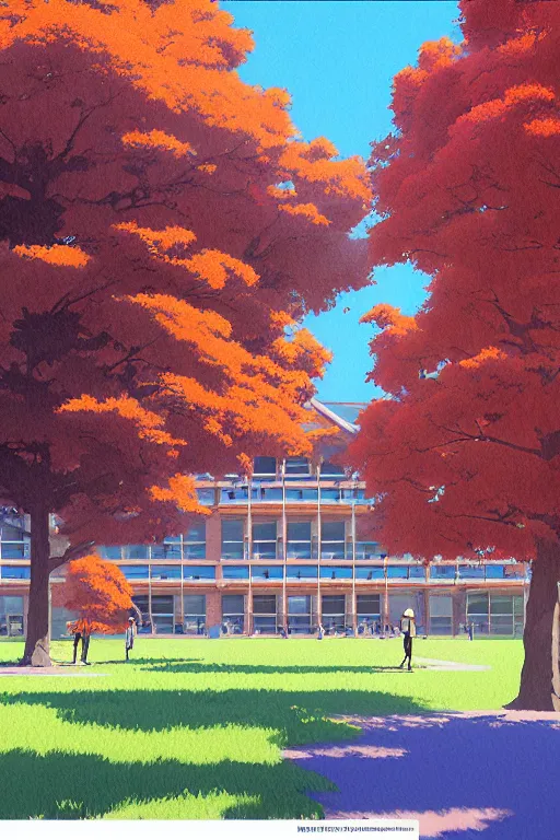 Prompt: a colorful traditional american high school building full of students with beautiful trees, morning, by studio ghibli painting, superior quality, masterpiece, traditional Japanese colors, by Grzegorz Rutkowski, concept art