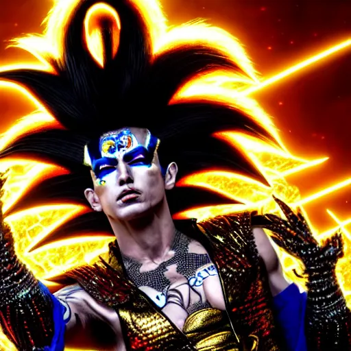 Prompt: uhd photorealistic detailed image of max current, the rock and roll emperor, dressed as super saiyan emperor, powering up, wearing extremely intricate hair metal costume and makeup, by ayami kojima, amano, and karol bak
