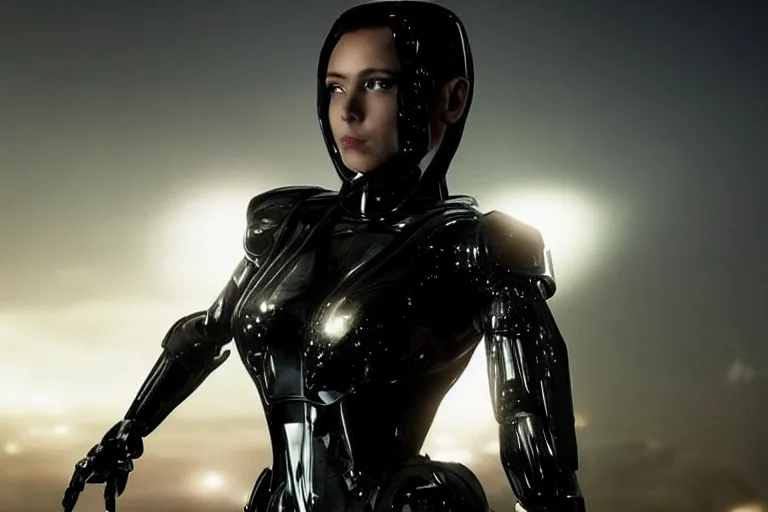 Image similar to VFX movie closeup portrait of a gorgeous futuristic robot woman in black spandex armor in future city, hero pose, beautiful skin, city night lighting by Emmanuel Lubezki