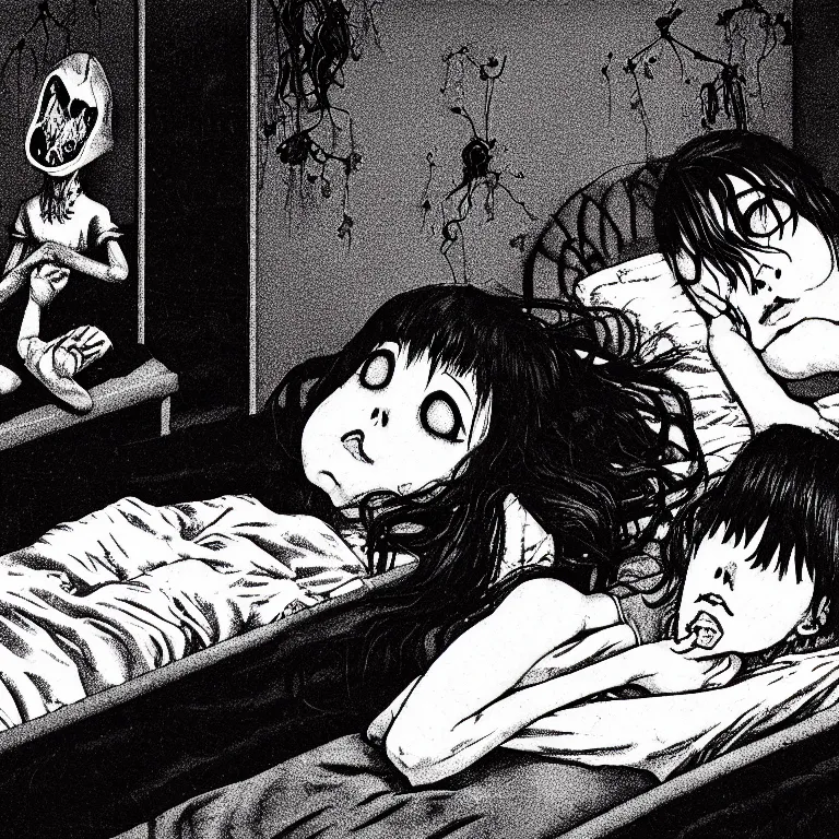 Image similar to cursed illustration of beautifully ominous creepy sleep paralysis demon observing sleeping teenager inside 1 9 8 0's cluttered bedroom. manga style of junji ito, kentaro mirua, weirdcore, octane render