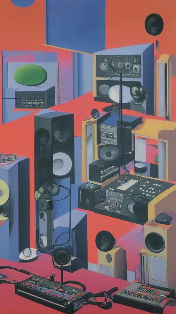 Prompt: a colorful painting of an electronic music studio by Rene Magritte