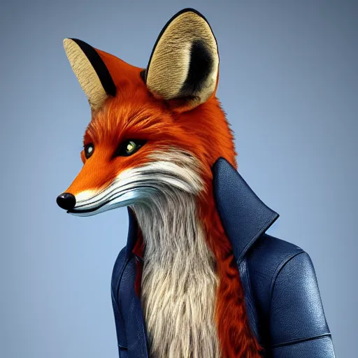 Prompt: realistic photograph of an anthropomorphic fox wearing a black leather jacket, yellow T-shirt and blue jeans, 4k detailed fur