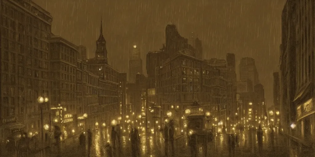 Image similar to a realistic rooftop sepia - toned painting of 1 9 2 0 s downtown boston at night in the rain, dark, brooding, atmospheric, lovecraft