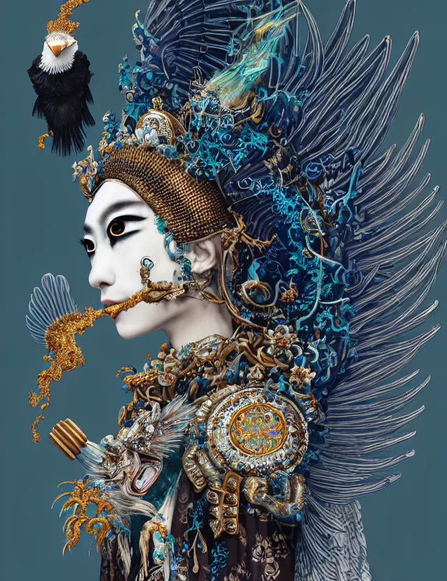 Image similar to goddess macro close - up portrait with crown and mask made of ram skull. beautiful intricately detailed japanese crow kitsune mask and clasical japanese kimono. betta fish, jellyfish phoenix, bioluminiscent, plasma, ice, water, wind, creature, artwork by tooth wu and wlop and beeple and greg rutkowski