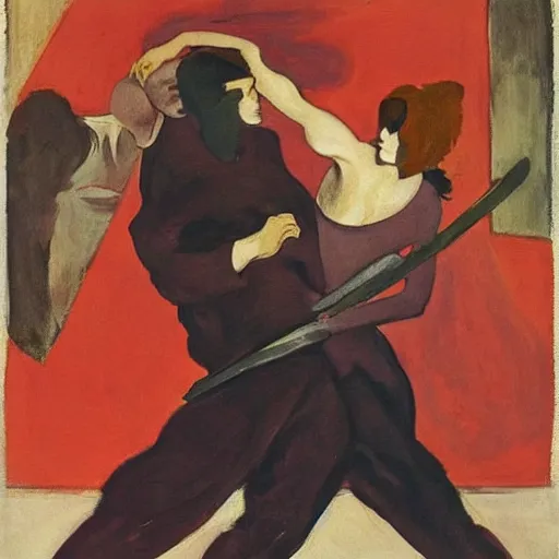 Prompt: by frank miller, by zinaida serebriakova maroon soothing. a performance art of two people, one a demon & the other a human, fighting each other with swords.