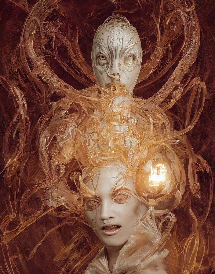 Prompt: symmetrical beautiful phoenix princess monk in robe face portrait in biomechanical mask of a cyberpunk demon by Roberto Ferri. Edison bulb. white plastic. human skull jellyfish butterfly phoenix head. burning water. baroque ornament details, intricate artwork by Tooth Wu and wlop and beeple and dan mumford and greg rutkowski. halo. octane render, cinematic, hyper realism, octane render, 8k, depth of field, bokeh. iridescent touch. vibrant. saturated. blade runner style